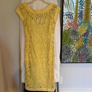 Chetta B yellow lace embroidered dress with yellow silk slip liner.